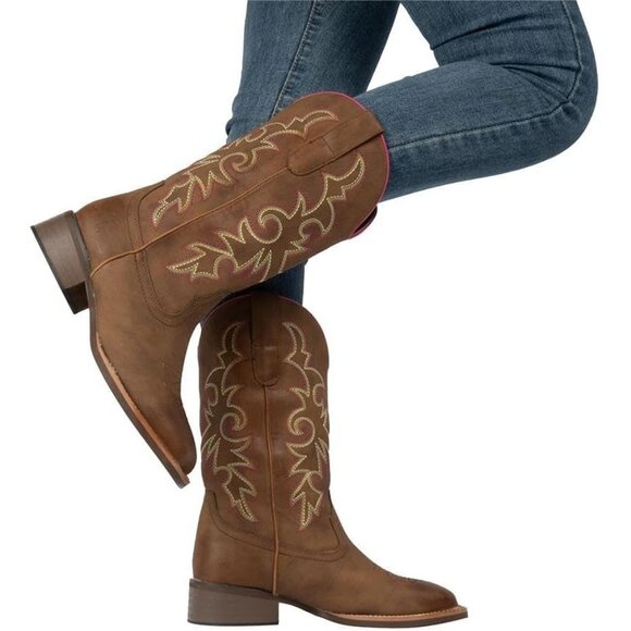 J's.o.l.e Women Brown Cowboy Boot Square Toe Western Cowgirl Fashion Botte - Picture 6 of 8